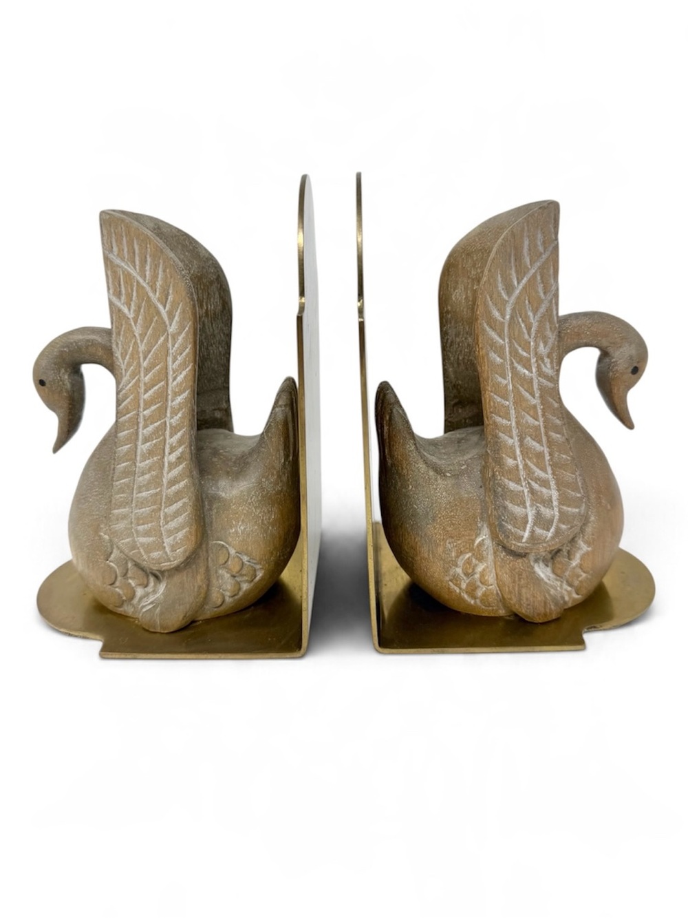 Vintage Brass and Carved Wood Swan Bookends Mid-Century Modern